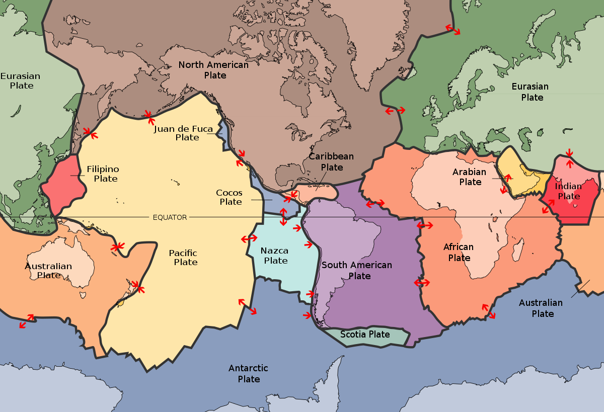A map showing 15 of the largest tectonic plates and their movements: Eurasian, North American, Australian, Filipino, Juan de Fuca, Cocos, Pacific, Antarctic, Nazca, South American, Scotia, Caribbean, African, Arabian, Indian.
