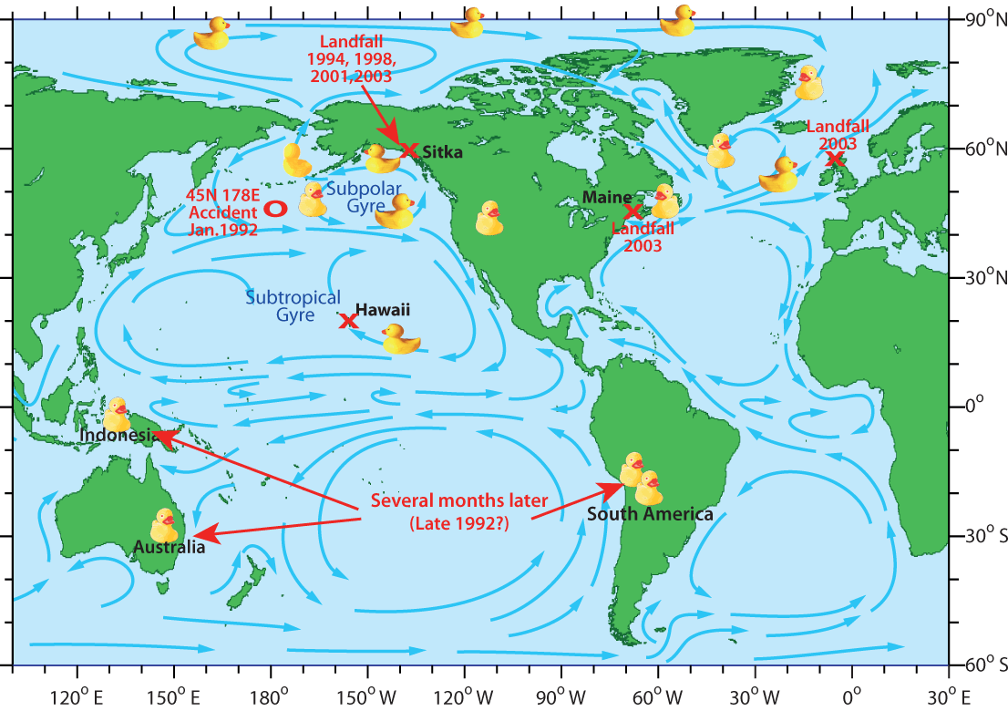 A world map where the places and times the rubber ducks washed up are shown. Ocean currents are represented with arrows. 