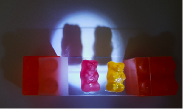 Dois ursinhos de goma entre dois Legos, iluminados com luz branca a projetar duas sombras.
