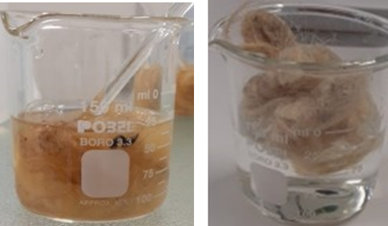 A glass jar filled with liquid next to a glass jar filled with wool.
