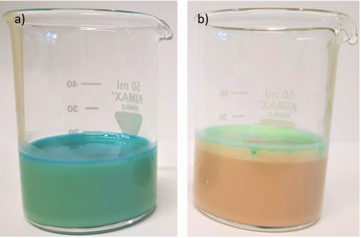 Un vaso de precipitado que contiene un líquido azul (a) y otro vaso de precipitado que contiene un líquido beige (b).