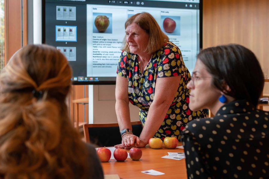 A group of women sitting around a wooden table with apples on it.