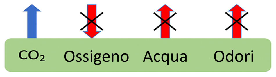 Diagramma con il testo "CO2, ossigeno, acqua, odori" in un riquadro e frecce rivolte verso e fuori dal riquadro.