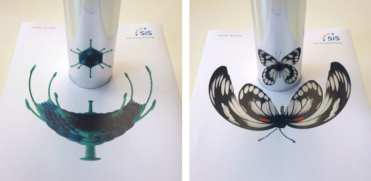 Metal cylinder reflecting the distorted image of a virus (left) and a butterfly (right) on a white background.