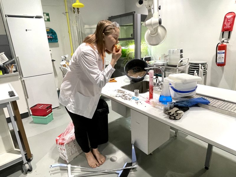 Female scientist in a lab coat by table with sink and equipment.