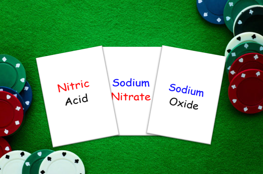 Three chemical compound cards: nitric acid, sodium nitrate, and sodium nitrite.