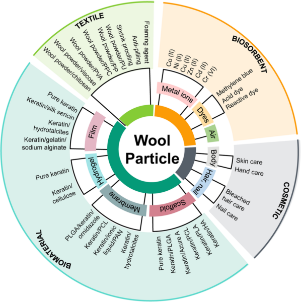 There are a range of potential applications for wool particles in biomaterials, textiles, biosorbents, and cosmetics. 