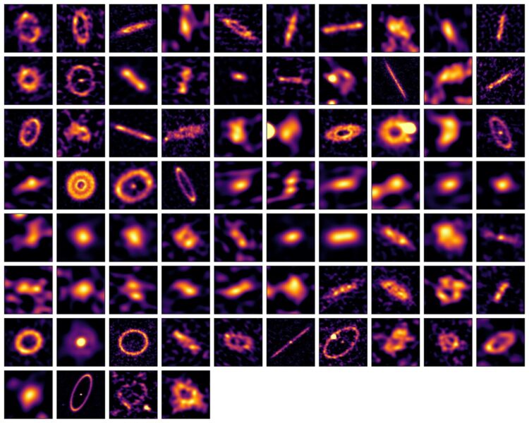 The imaged exocomet belts are shown as slightly fuzzy bright orange objects edged with purple, against a black background. Some are shown from above or below the disk and look like rings or round blotches; other are imaged from an angle or from the side and look like ellipses or lines.