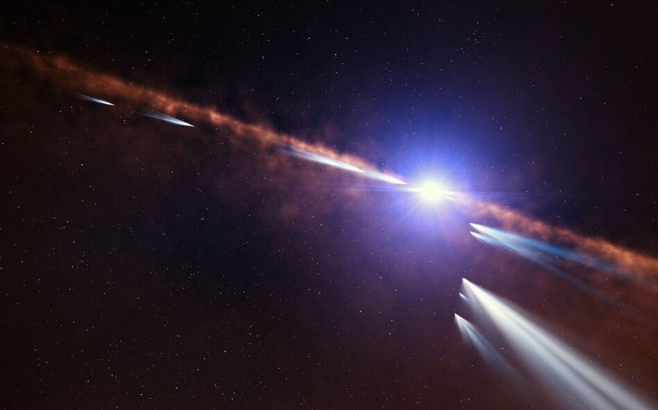 A very bright white star with a blueish starburst effect is shown with a cloud of glowing orange dust behind it and several white comets in the foreground with bright tails streaming away from the star.