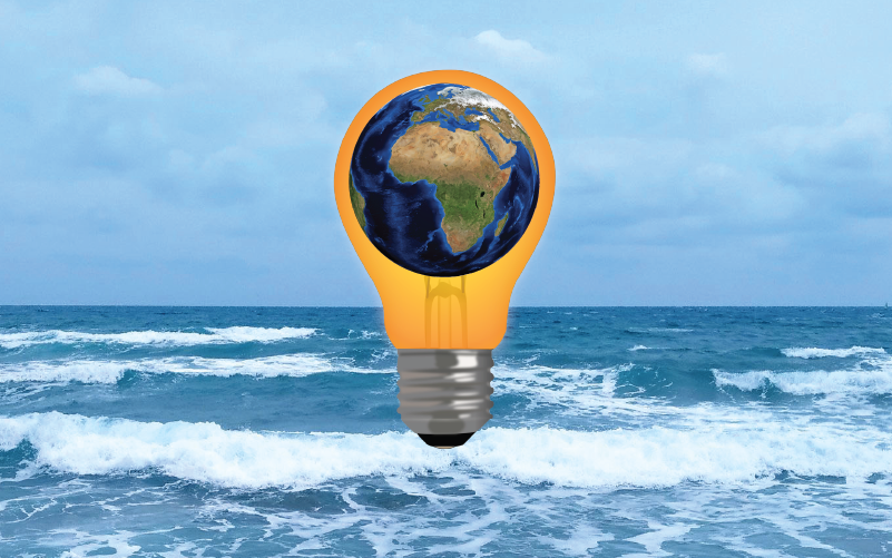 A yellow lightbulb with an Earth globe inside in front of a seascape